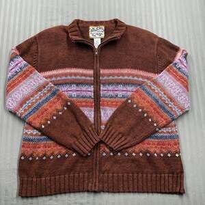 Vintage Heirloom Collectibles Brown Fair Isle Full Zip Cardigan Sweater Size L